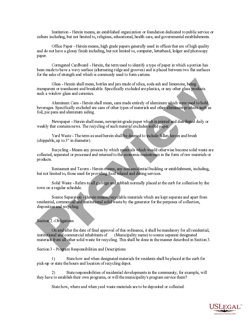Get An Ordinance Establishing a Source of Separation and Recycling Policy for Municipality for Glass, Aluminum, Newspaper, Yard Waste, Cardboard and Office Preview An Ordinance Establishing a Source of Separation and Recycling Policy for Municipality for Glass, Aluminum, Newspaper, Yard Waste, Cardboard and Office