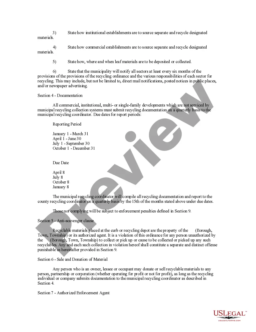 Get An Ordinance Establishing a Source of Separation and Recycling Policy for Municipality for Glass, Aluminum, Newspaper, Yard Waste, Cardboard and Office Preview An Ordinance Establishing a Source of Separation and Recycling Policy for Municipality for Glass, Aluminum, Newspaper, Yard Waste, Cardboard and Office