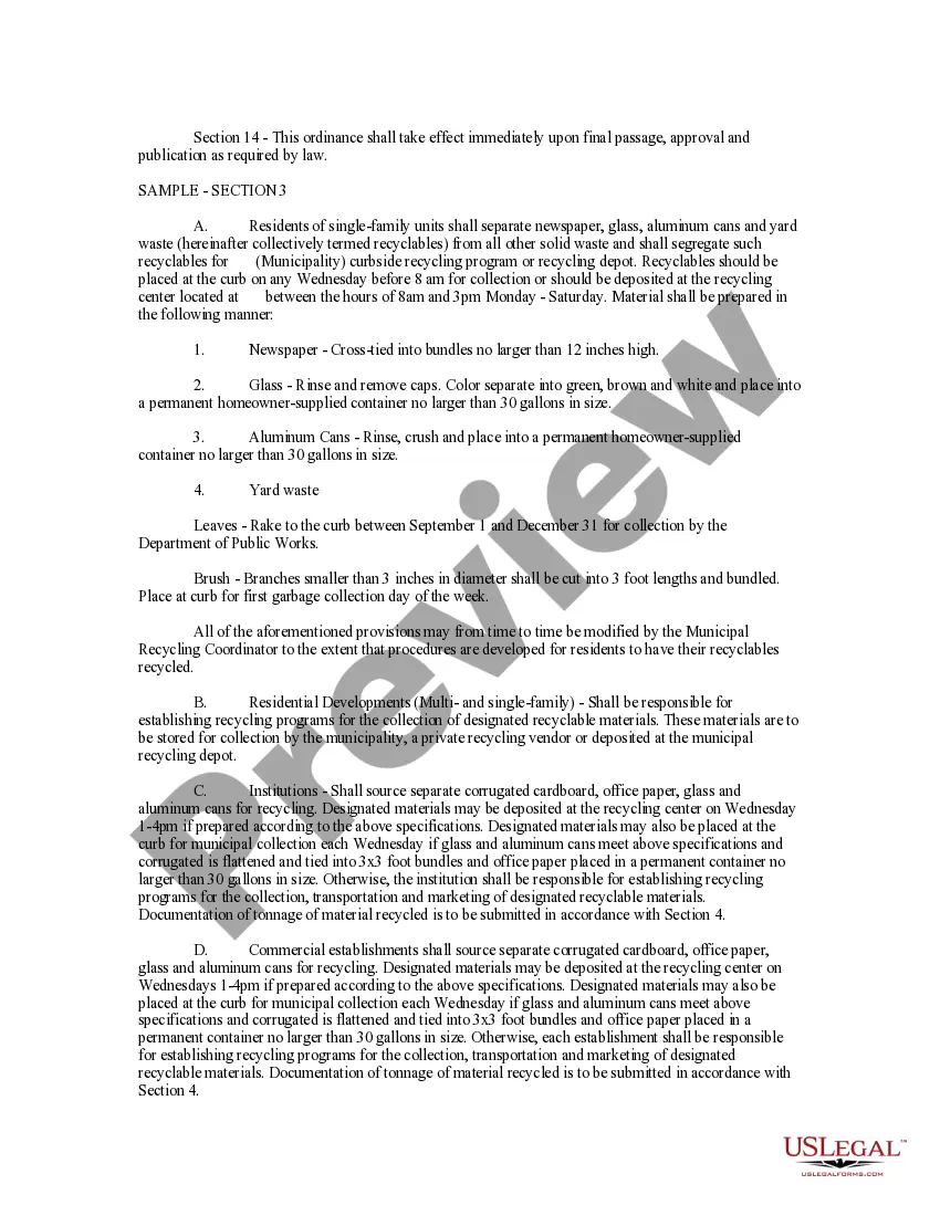 Get An Ordinance Establishing a Source of Separation and Recycling Policy for Municipality for Glass, Aluminum, Newspaper, Yard Waste, Cardboard and Office Preview An Ordinance Establishing a Source of Separation and Recycling Policy for Municipality for Glass, Aluminum, Newspaper, Yard Waste, Cardboard and Office