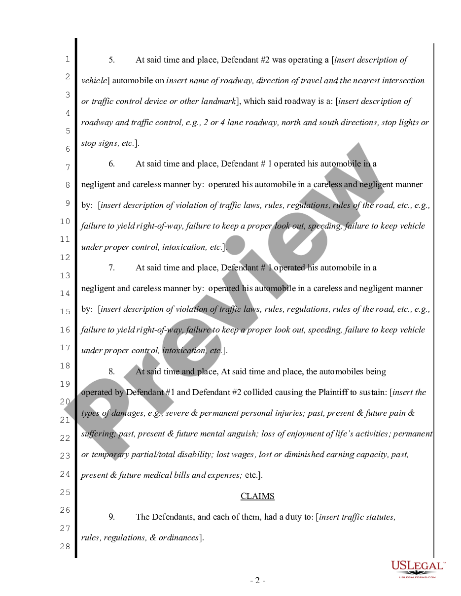 page 1 Complaint regarding Auto Accident for Negligence - Guest Passenger against Both Drivers preview