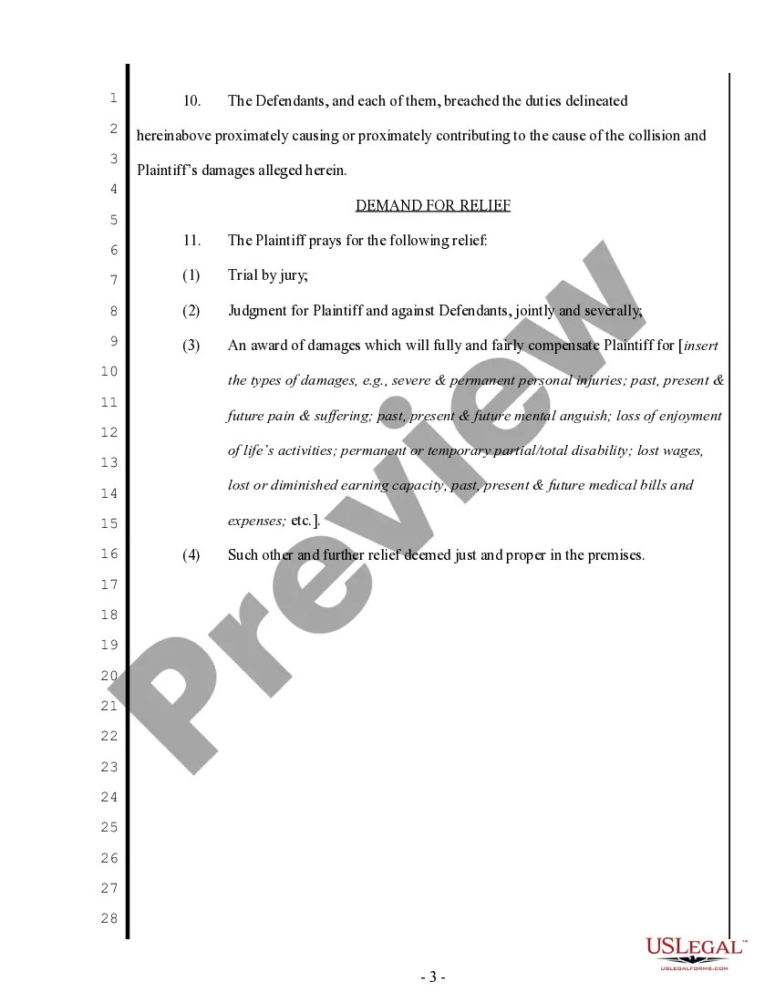Preview Complaint regarding Auto Accident for Negligence - Guest Passenger against Both Drivers