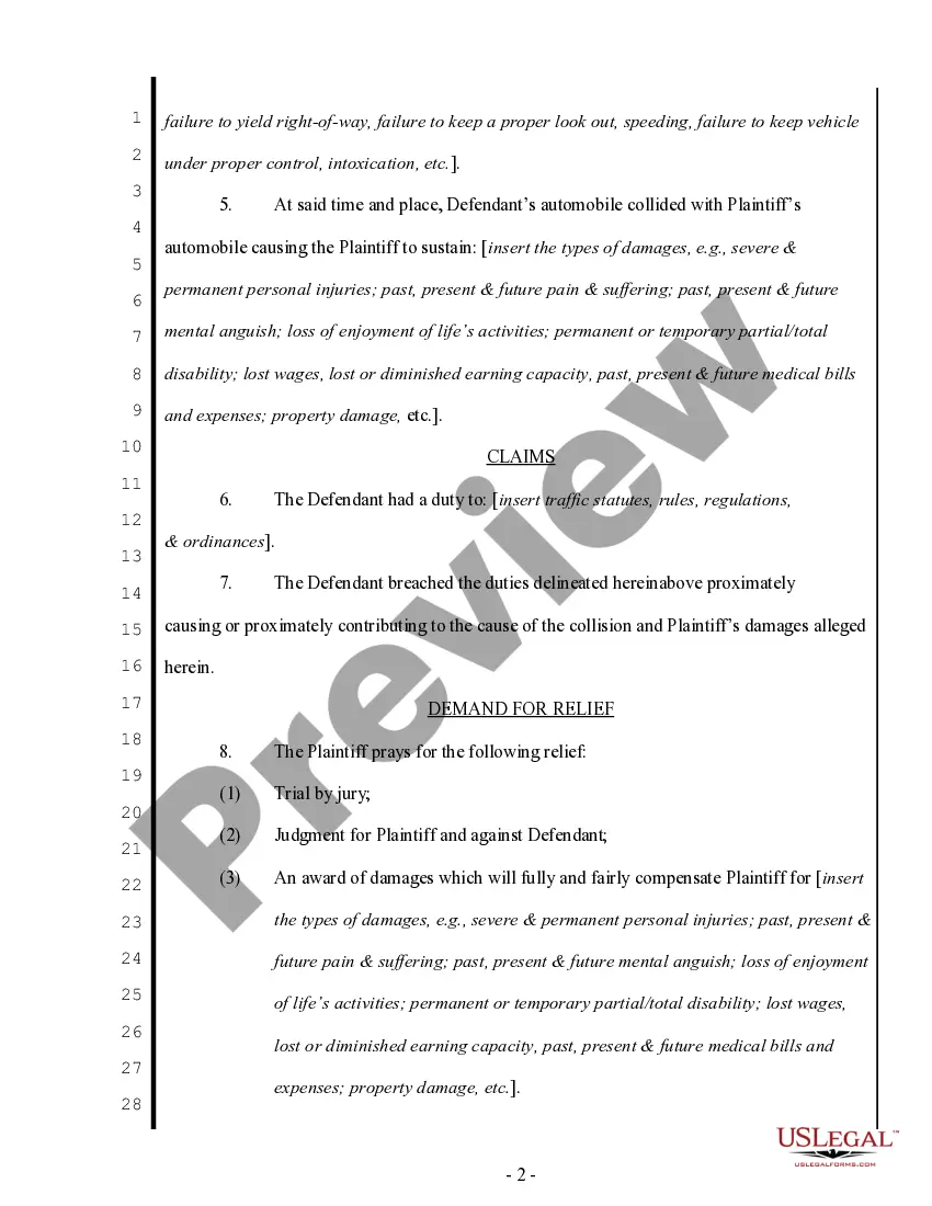 Preview Complaint regarding Auto Accident for Negligence