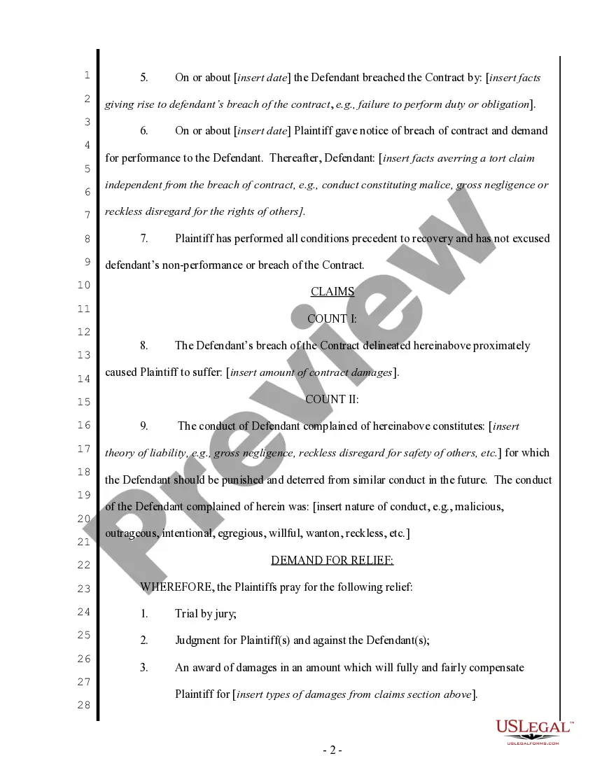 Get Complaint regarding Breach of Contract for Actual and Punitive Damages Preview Complaint regarding Breach of Contract for Actual and Punitive Damages