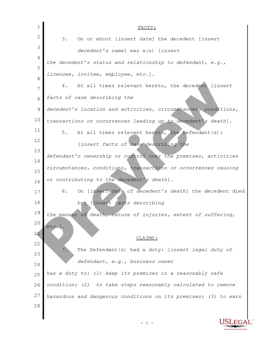 Get Complaint for Wrongful Death - Single Count Preview Complaint for Wrongful Death - Single Count