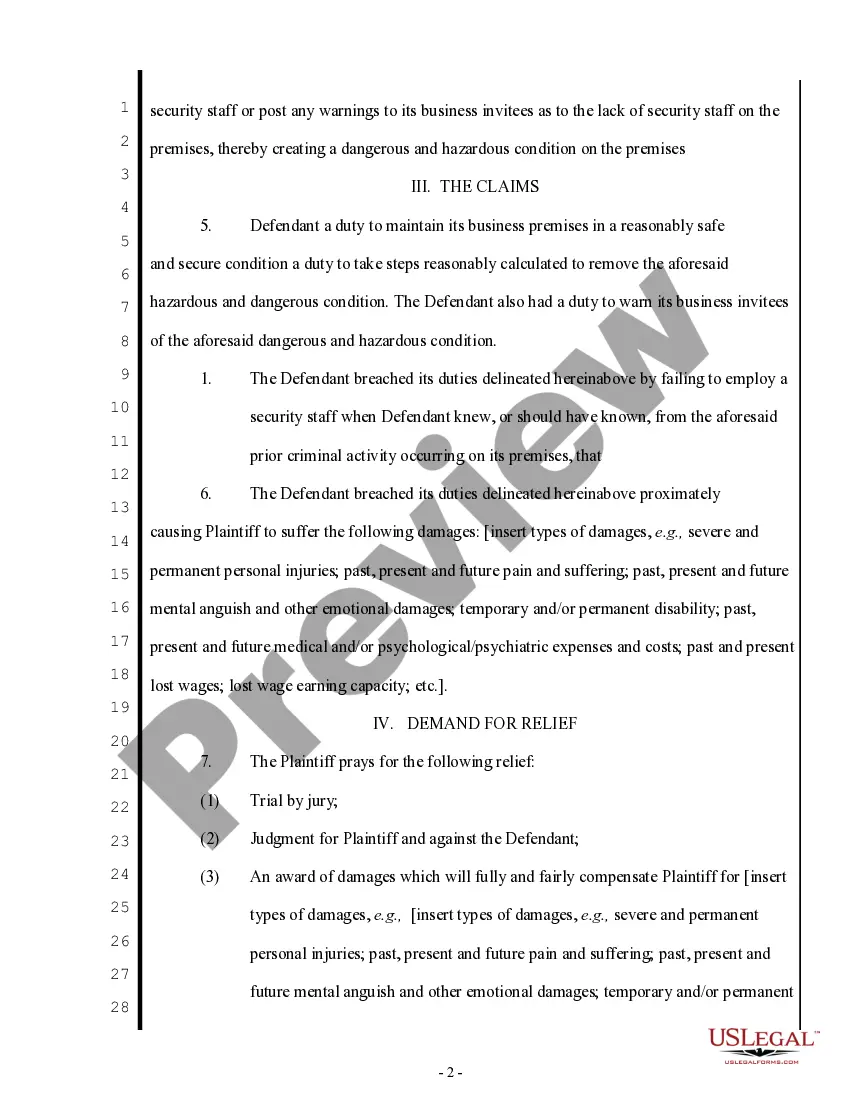 Get Complaint for Negligence Innkeeper Liability - Criminal Activity Preview Complaint for Negligence Innkeeper Liability - Criminal Activity
