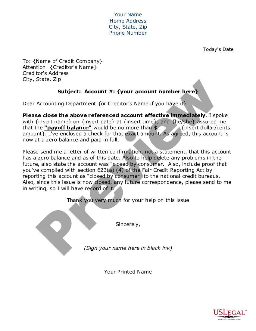 Louisiana Credit Letter to Close Account | US Legal Forms