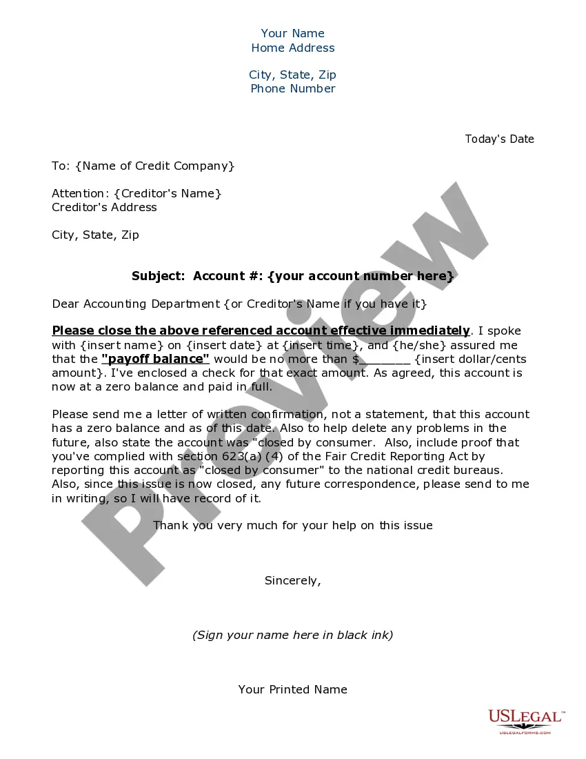 Preview Credit Letter to Close Account