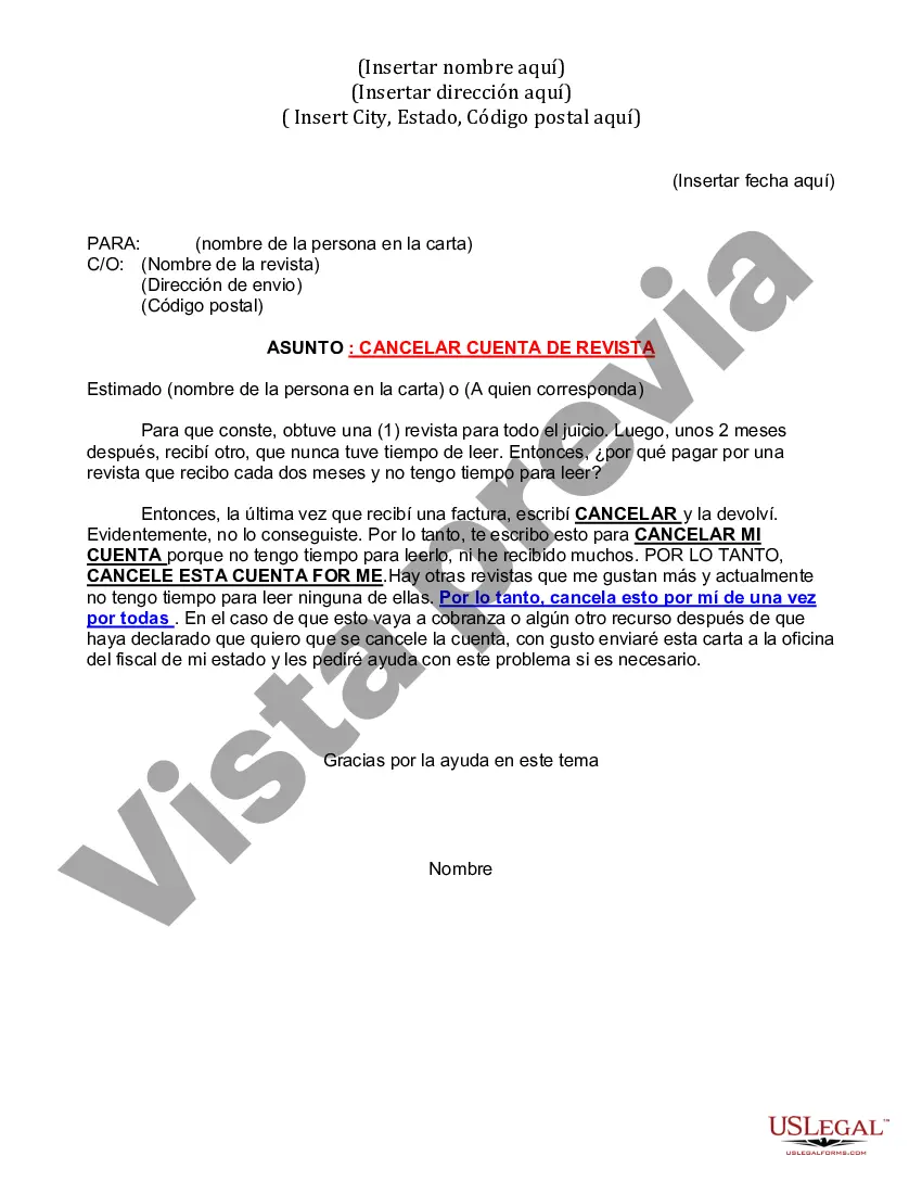 Preview Carta para cancelar cuenta de revista