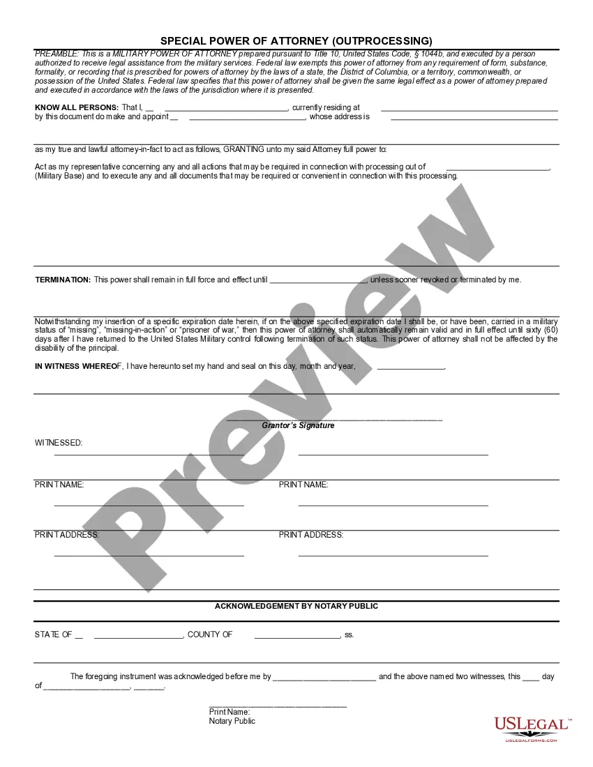 Preview Special Military Power of Attorney for Outprocessing