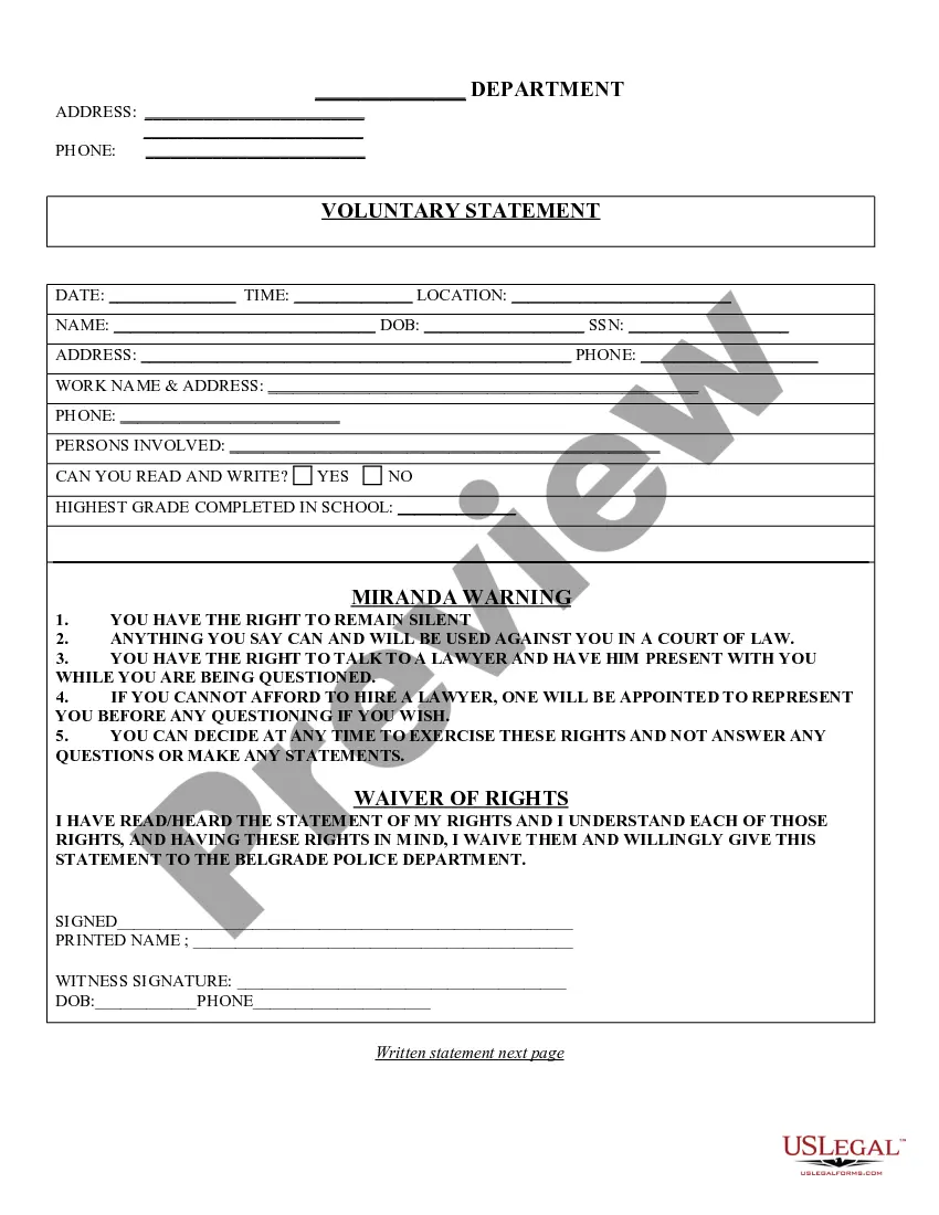 Preview Miranda Warning, Waiver and Voluntary Statement