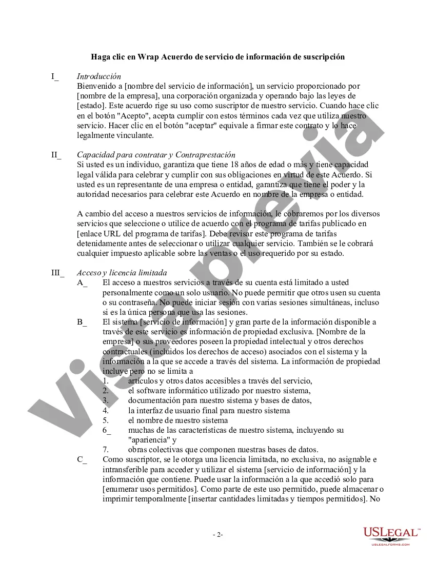 Preview Haga clic en Wrap Acuerdo de servicio de información de suscripción