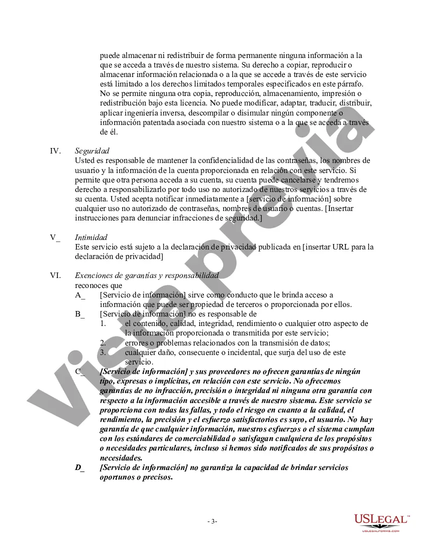 Preview Haga clic en Wrap Acuerdo de servicio de información de suscripción