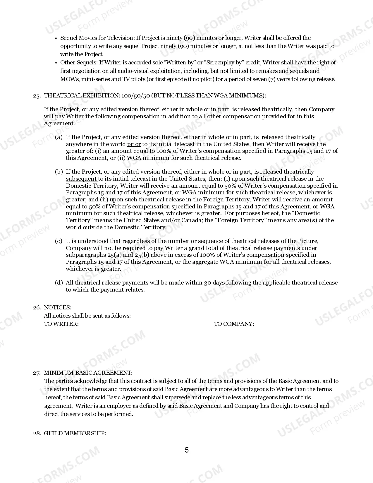 Preview Writers Guild Of America - Writers Television Short Form Contract - For Movies Of The Week And Mini-Series