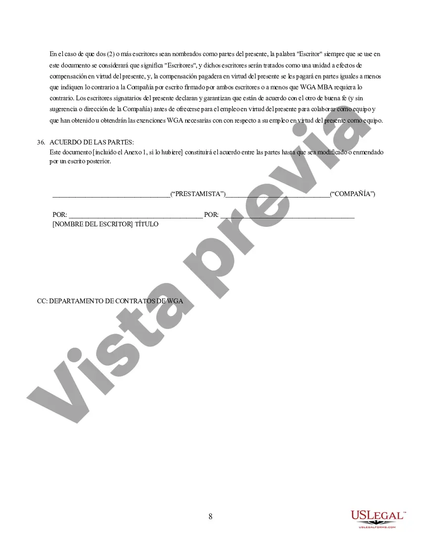 Preview Writers Guild Of America - Acuerdo de préstamo de escritores de contrato de formato corto de televisión - Para películas de la semana y miniseries