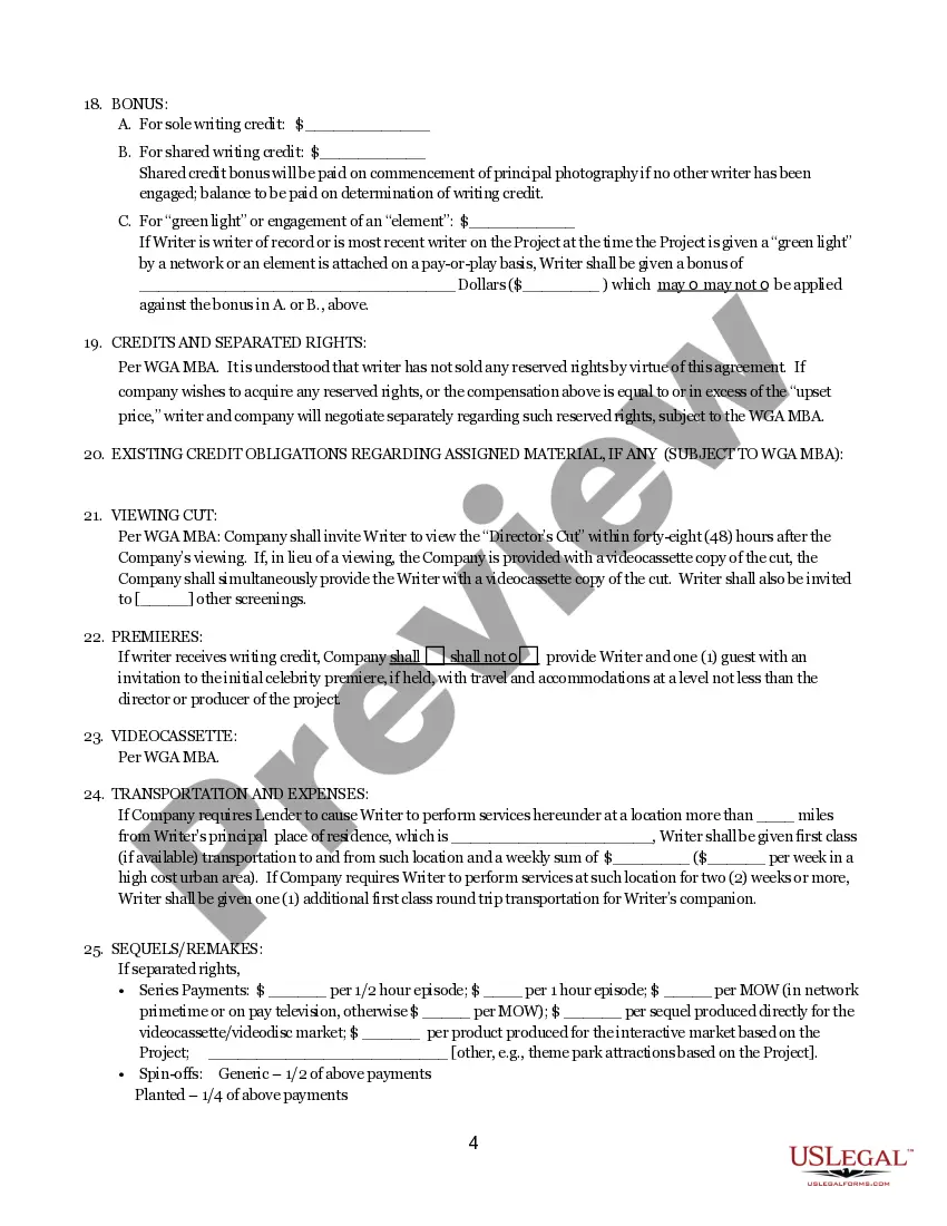 Get Writers Guild Of America - Television Short Form Contract Writers Lending Agreement - For Movies of The Week And Mini-Series Preview Writers Guild Of America - Television Short Form Contract Writers Lending Agreement - For Movies of The Week And Mini-Series