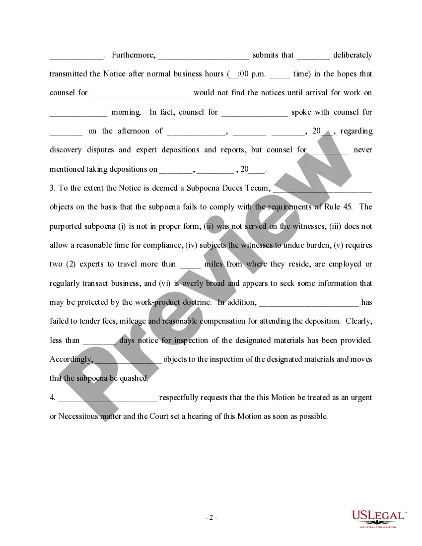 Get Motion for Protective Order, Motion to Quash And Objection to Notice of Deposition Duces Tecum Preview Motion for Protective Order, Motion to Quash And Objection to Notice of Deposition Duces Tecum