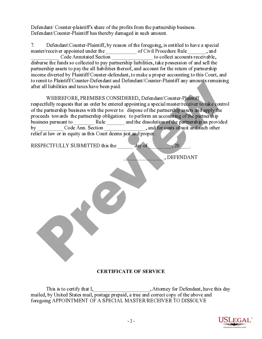 Get Motion for Appointment of Special Master Receiver to Dissolve Partnership, Dispose of Assets and Settle all Affairs as to Assets and Liabilities Preview Motion for Appointment of Special Master Receiver to Dissolve Partnership, Dispose of Assets and Settle all Affairs as to Assets and Liabilities