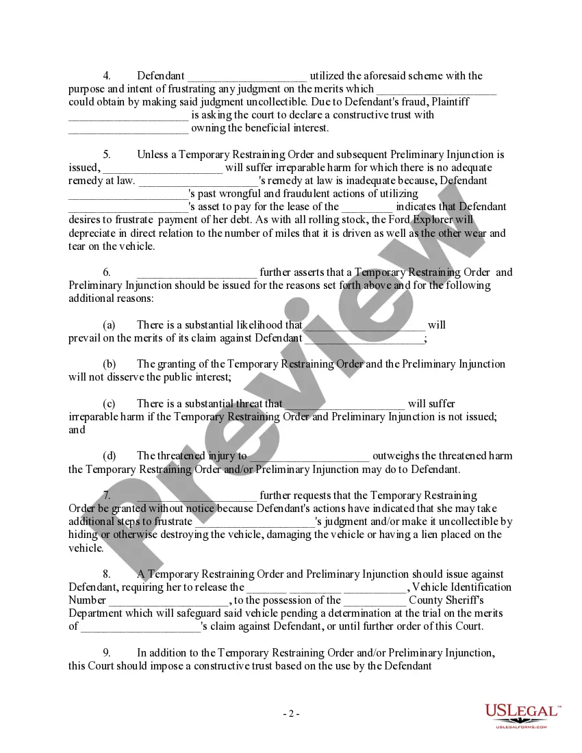 Get Motion for Temporary Restraining Order and Preliminary Injunction to Prevent Vehicle Loss Preview Motion for Temporary Restraining Order and Preliminary Injunction to Prevent Vehicle Loss