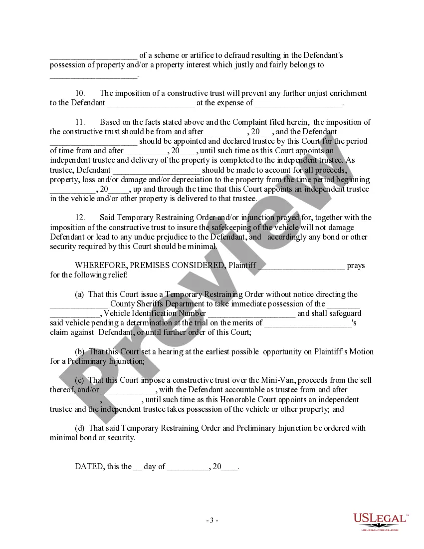 Get Motion for Temporary Restraining Order and Preliminary Injunction to Prevent Vehicle Loss Preview Motion for Temporary Restraining Order and Preliminary Injunction to Prevent Vehicle Loss