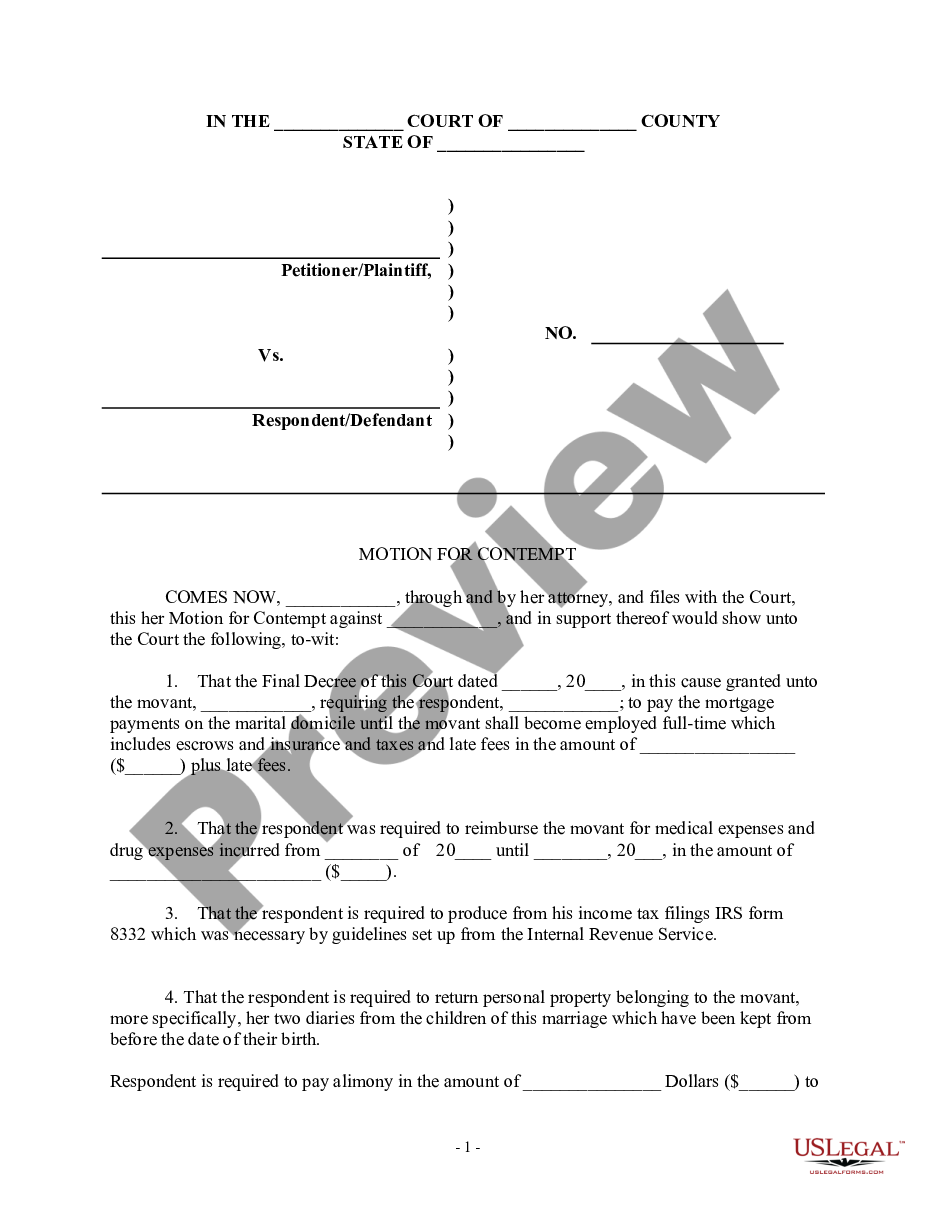 page 0 Motion for Contempt of Final Decree of Divorce preview