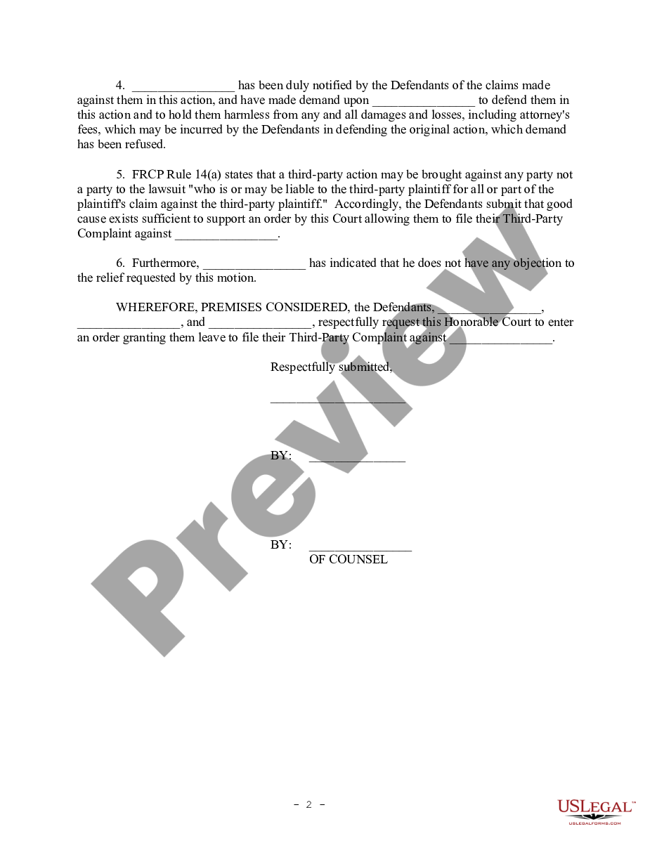 page 1 Motion for Leave to File Third Party Complaint preview