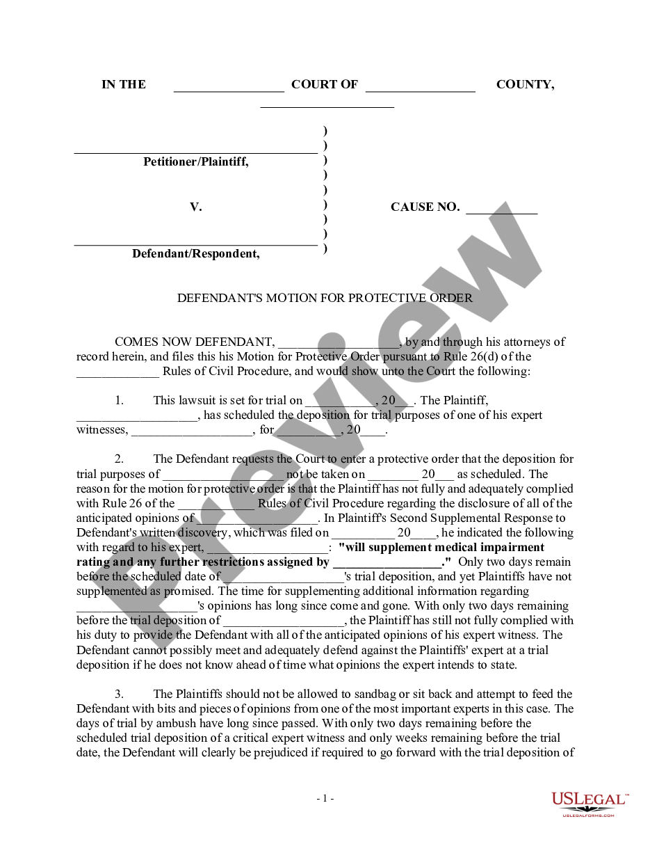 page 0 Motion for Protective Order against Trial Deposition preview