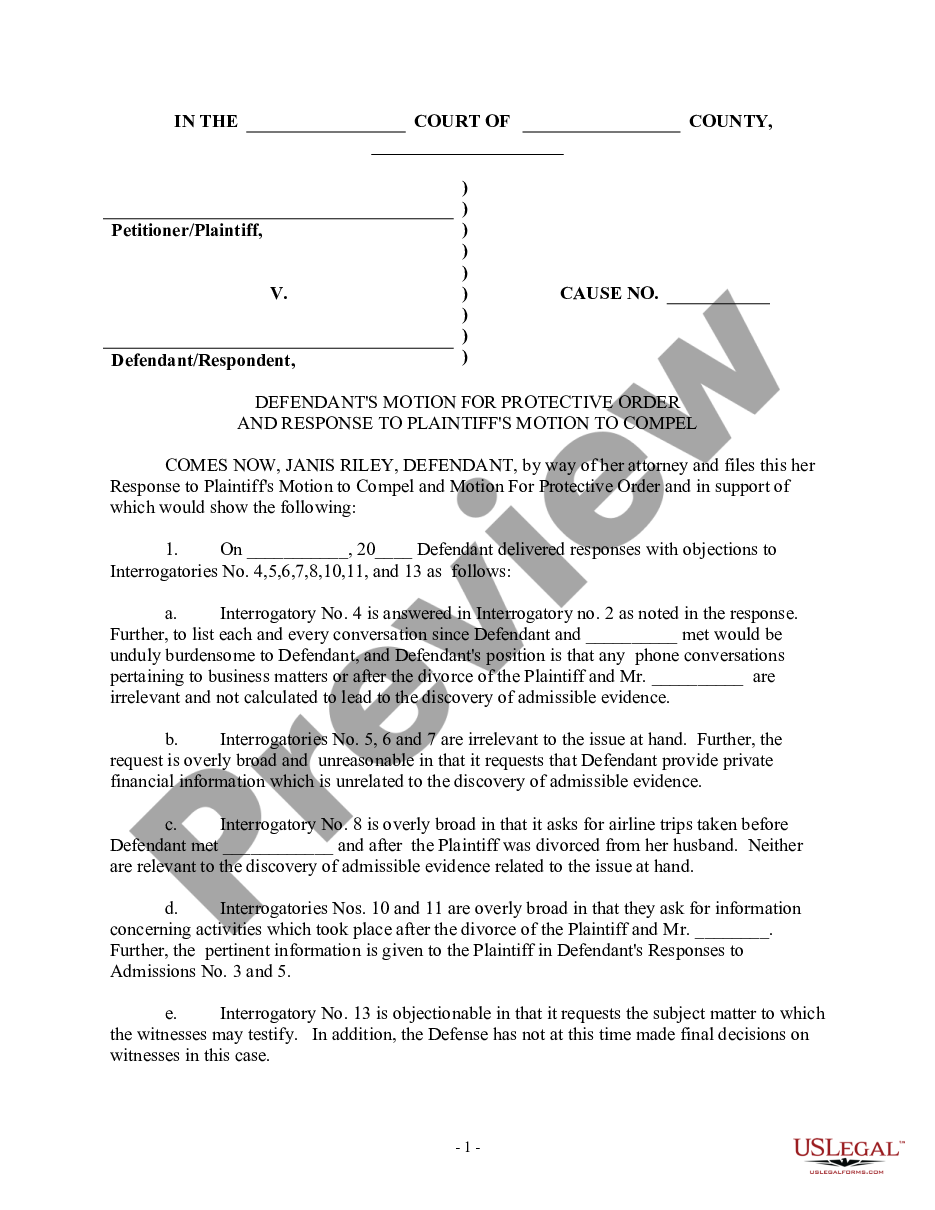 form Defendant's Motion for Protective Order and Response to Plaintiff's Motion to Compel preview