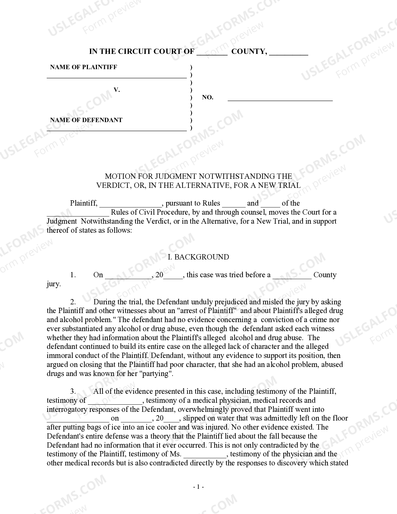 Motion for Judgment Notwithstanding the Verdict, or in the Alternative