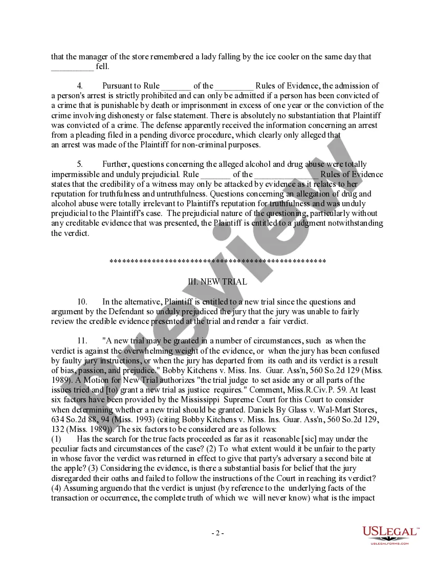 Get Motion for Judgment Notwithstanding the Verdict, or in the Alternative, for a New Trial - for prejudicial statements at trial Preview Motion for Judgment Notwithstanding the Verdict, or in the Alternative, for a New Trial - for prejudicial statements at trial