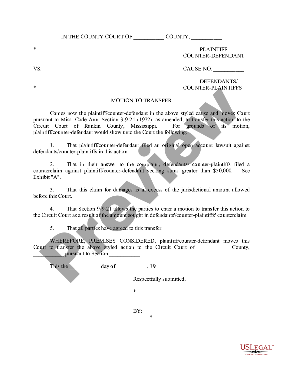 page 0 Motion to Transfer for Amount in Excess of Court's Jurisdiction preview