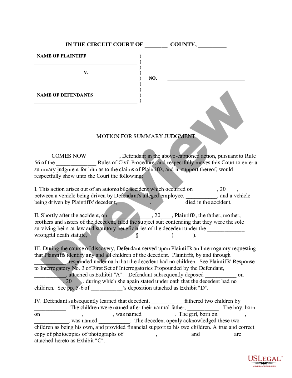 page 0 Motion for Summary Judgment - Heirship - Wrongful Death Case for Failure of Valid Cause of Action preview