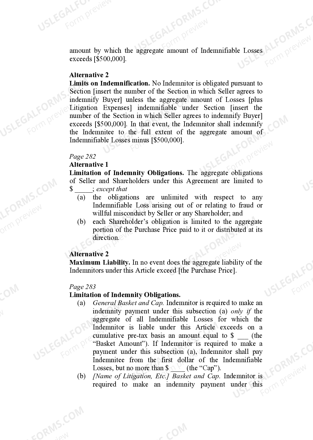 Indemnity Provisions Dollar Exposure of the Indemnity regarding