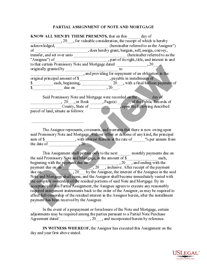Partial assignment of note and mortgage us legal forms