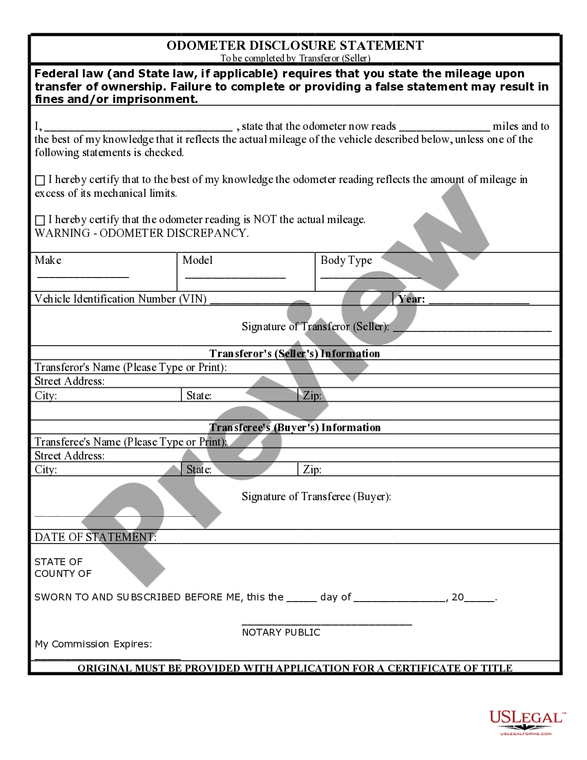 Odometer Statement Odometer Statement US Legal Forms