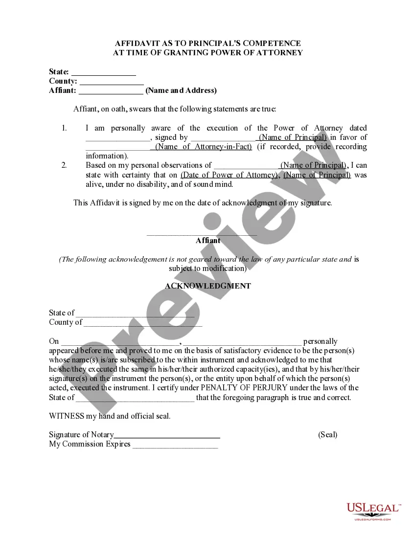 Get Affidavit As to Principal's Competence At Time of Granting Power of Attorney Preview Affidavit As to Principal's Competence At Time of Granting Power of Attorney
