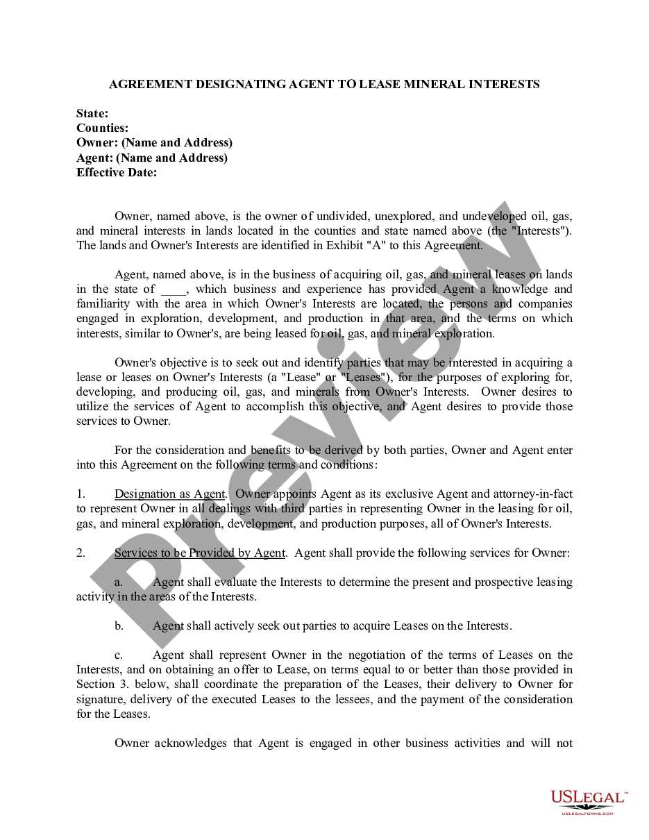 page 0 Agreement Designating Agent to Lease Mineral Interests preview