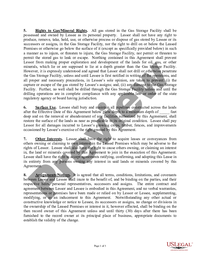 Gas Storage Agreement and Lease (Surface and Underground) US Legal Forms