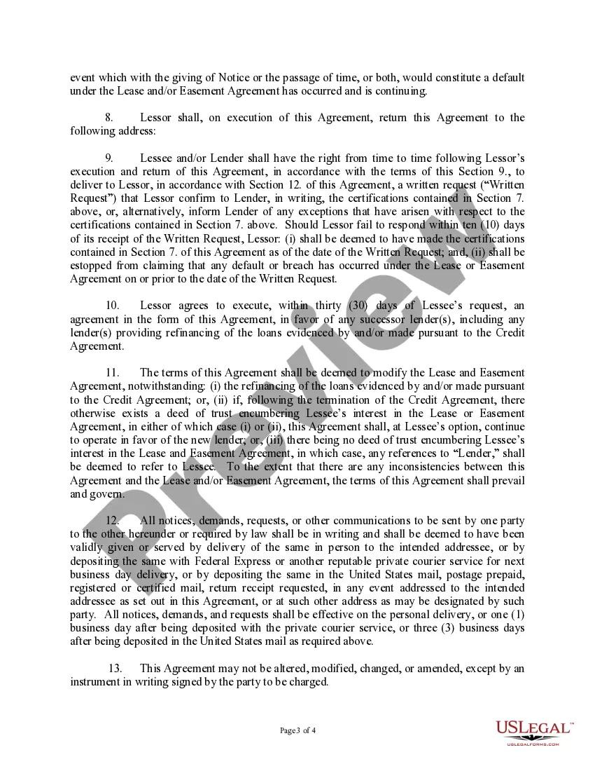 Preview Lease and Easement Agreement, Estoppel Certificate and Agreement (For Signature by the Lessor and the Lessee's Lender)