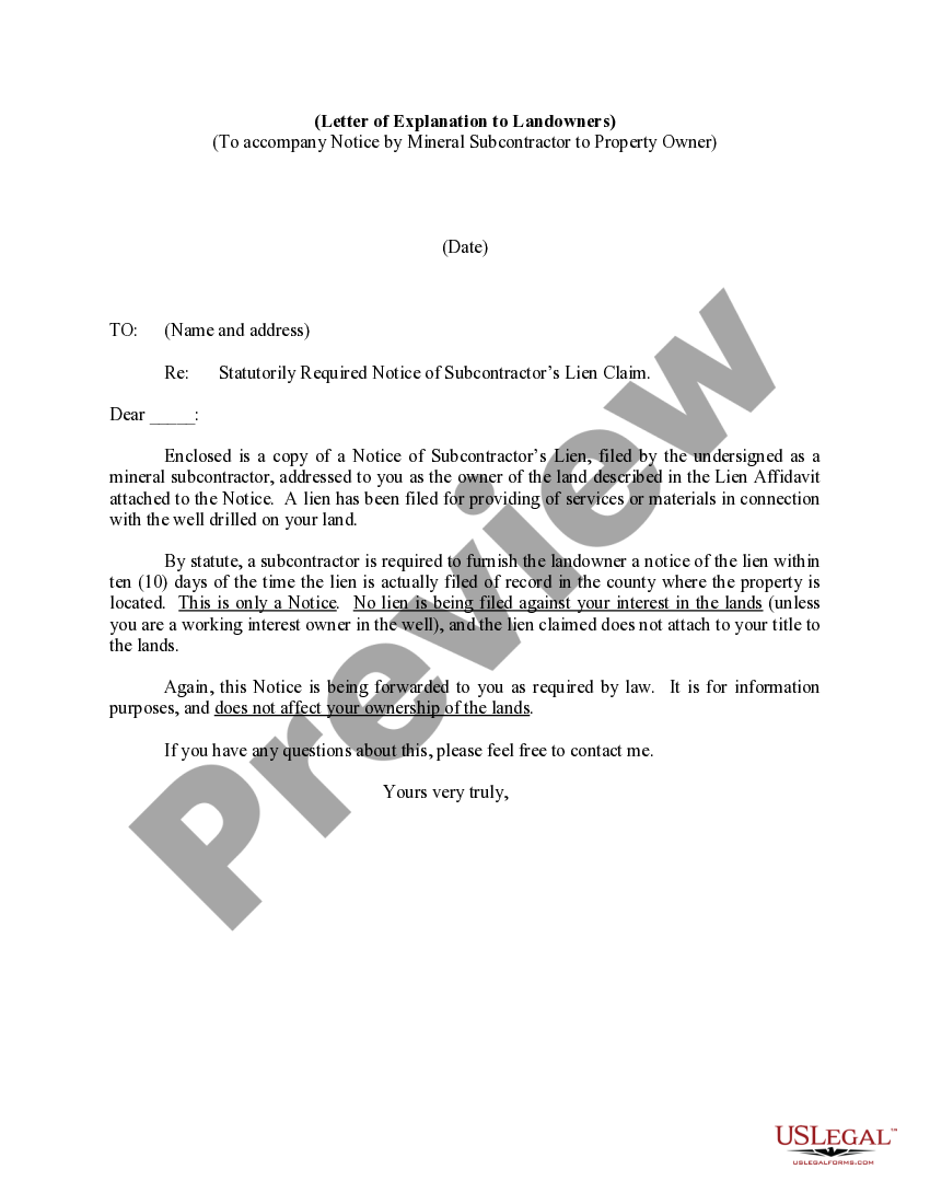 Letter of Explanation to Landowners (To Notice by Mineral