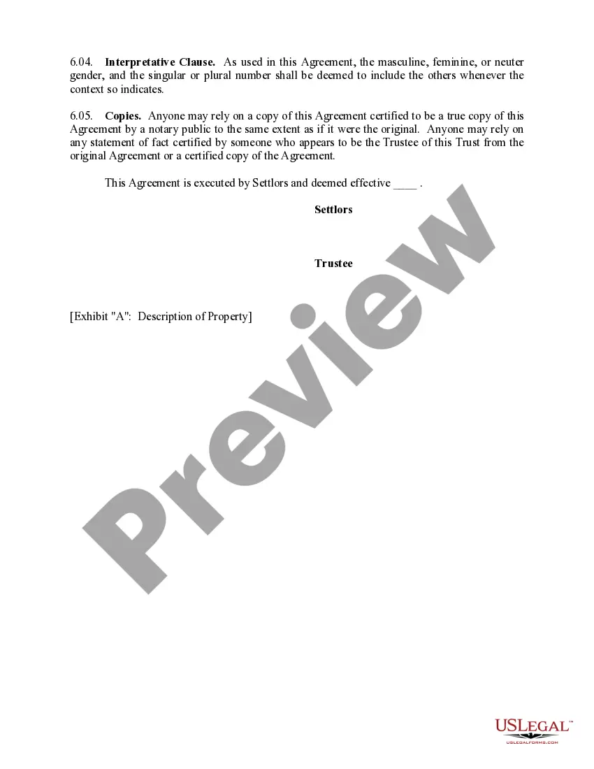 Get Revocable Trust Agreement when Settlors Are Husband and Wife Preview Revocable Trust Agreement when Settlors Are Husband and Wife
