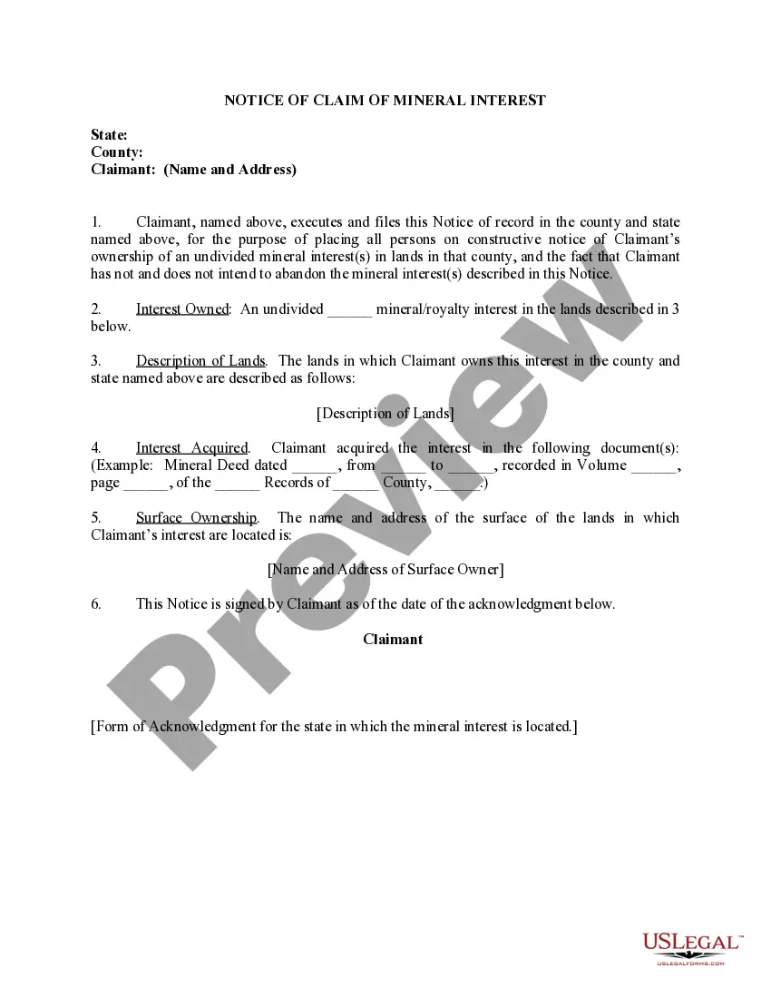Get Notice of Claim of Mineral Interest for Dormant Mineral Interest Preview Notice of Claim of Mineral Interest for Dormant Mineral Interest