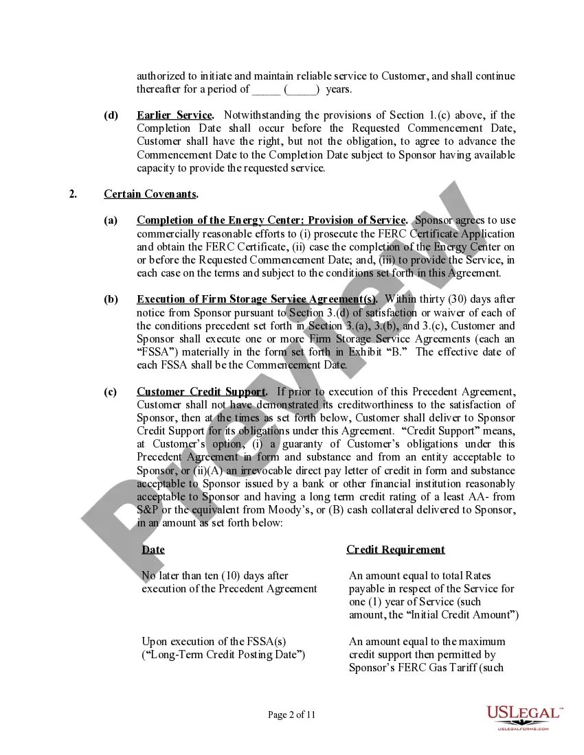 Get Precedent Agreement for Firm Natural Gas Storage Service Preview Precedent Agreement for Firm Natural Gas Storage Service