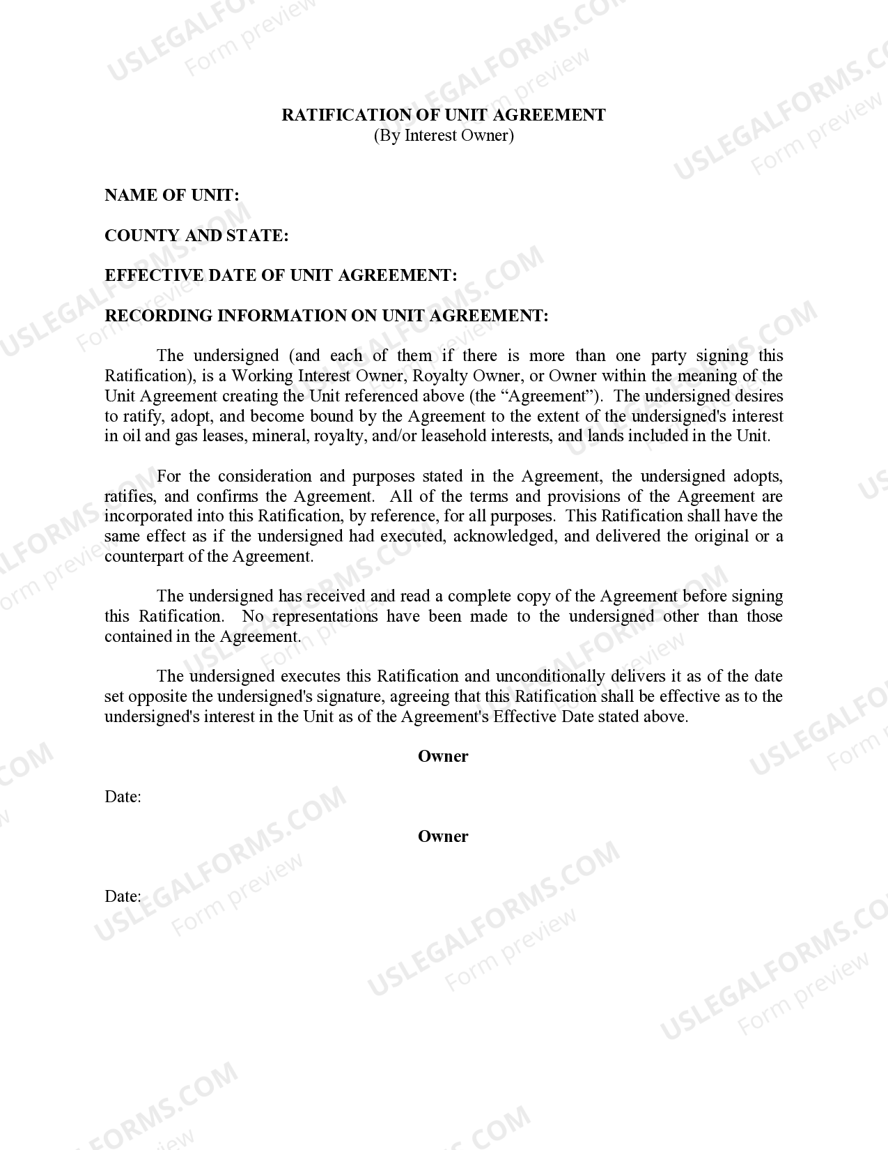 Ratification of Unit Agreement (By Interest Owner) US Legal Forms