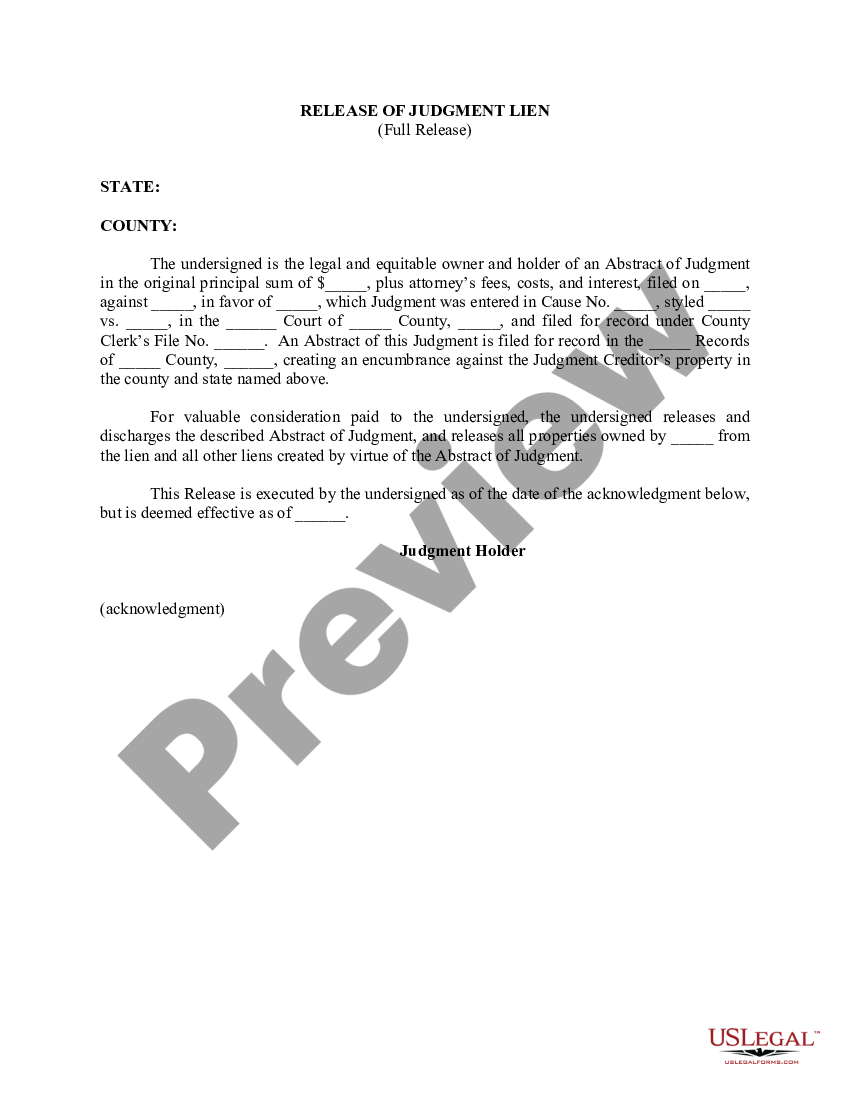 Release Of Judgment Lien Full Release Us Legal Forms 6369