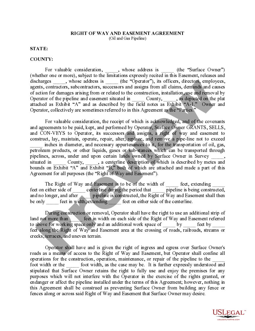 Right of Way and Easement Agreement (Oil and Gas Pipeline) Right Of
