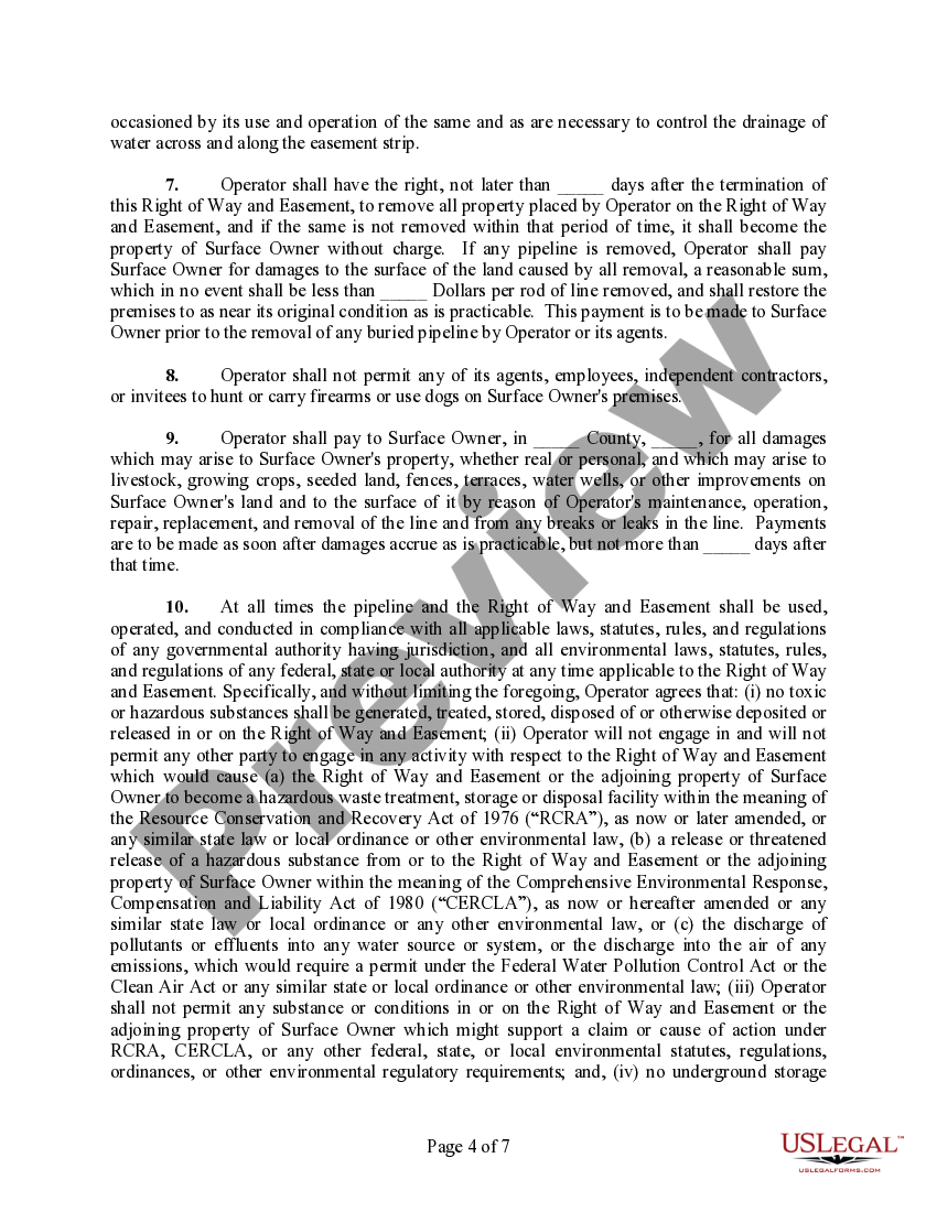 Right of Way and Easement Agreement (Oil and Gas Pipeline) Right Of
