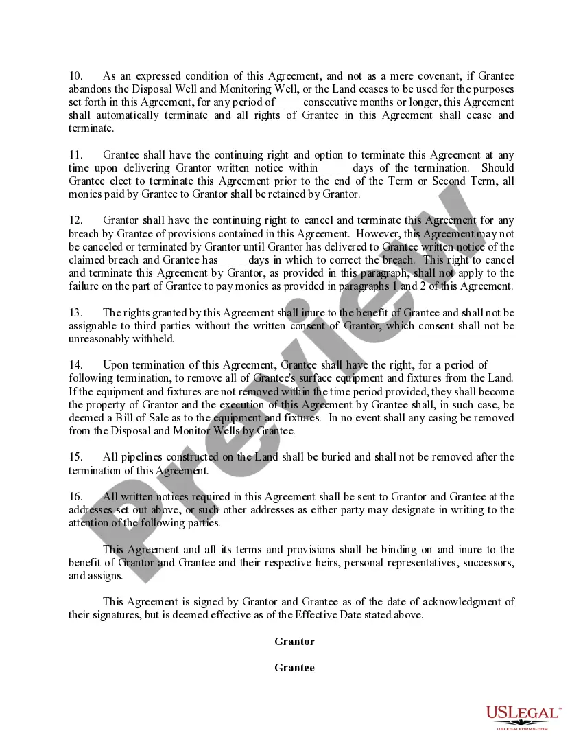 Get Salt Water Disposal Well and Right of Way Agreement (Grantee to use Existing Well Bore on the Land) Preview Salt Water Disposal Well and Right of Way Agreement (Grantee to use Existing Well Bore on the Land)