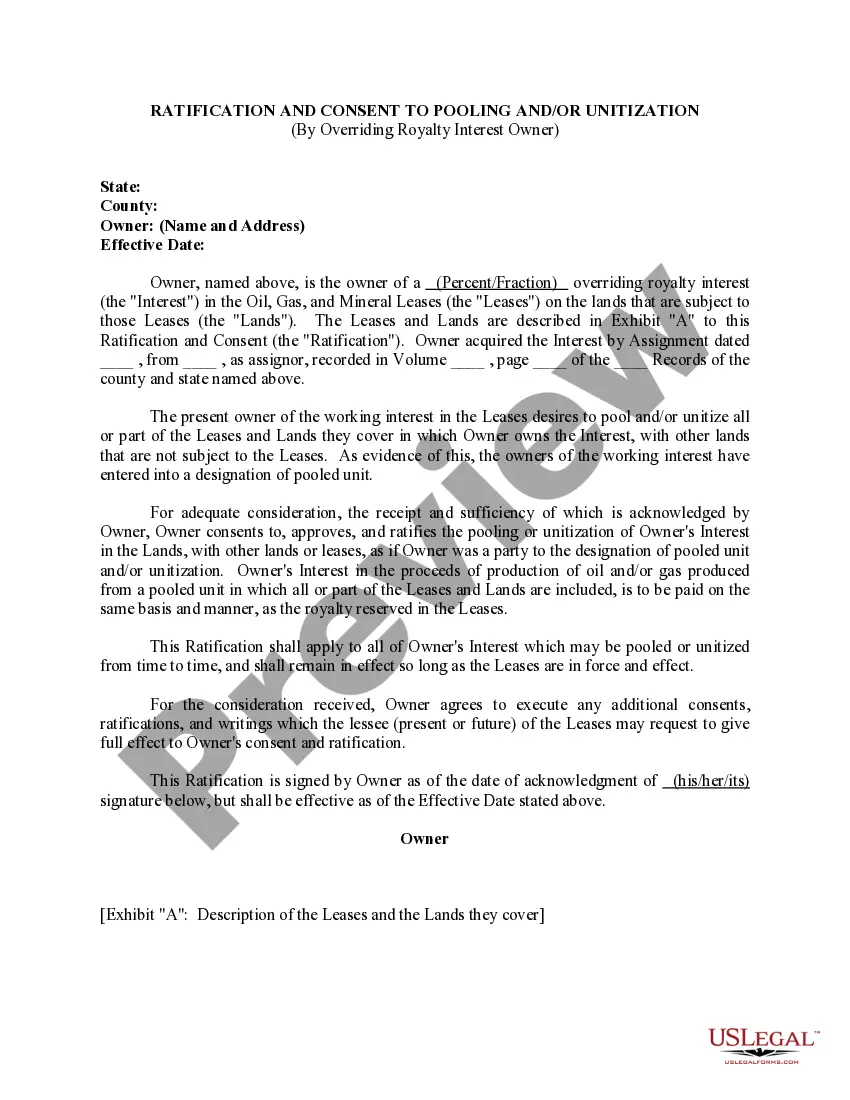 Preview Ratification and Consent to Pooling and / or Unitization by Overriding Royalty Interest Owner