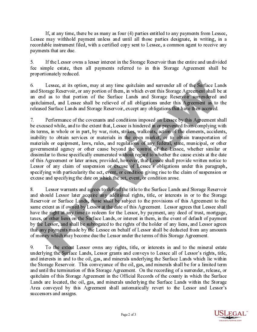 Get Subsurface Underground Gas Storage Lease and Agreement (From a Surface Owner, With No Right to Use the Surface of the Lands being Granted) Preview Subsurface Underground Gas Storage Lease and Agreement (From a Surface Owner, With No Right to Use the Surface of the Lands being Granted)