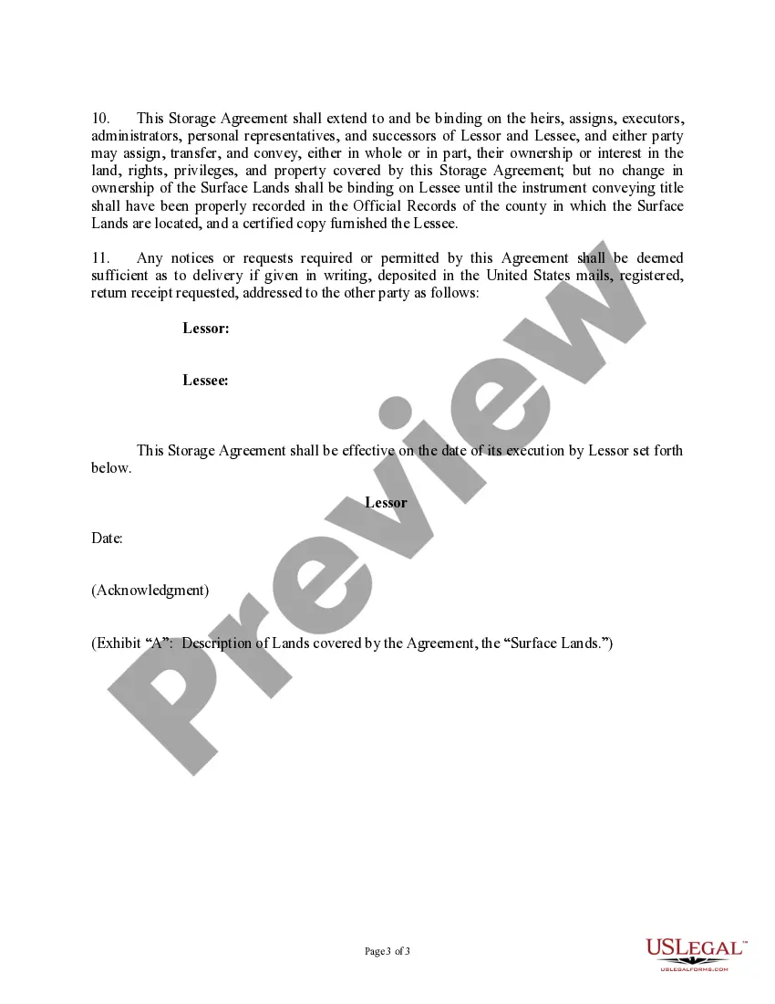 Get Subsurface Underground Gas Storage Lease and Agreement (From a Surface Owner, With No Right to Use the Surface of the Lands being Granted) Preview Subsurface Underground Gas Storage Lease and Agreement (From a Surface Owner, With No Right to Use the Surface of the Lands being Granted)